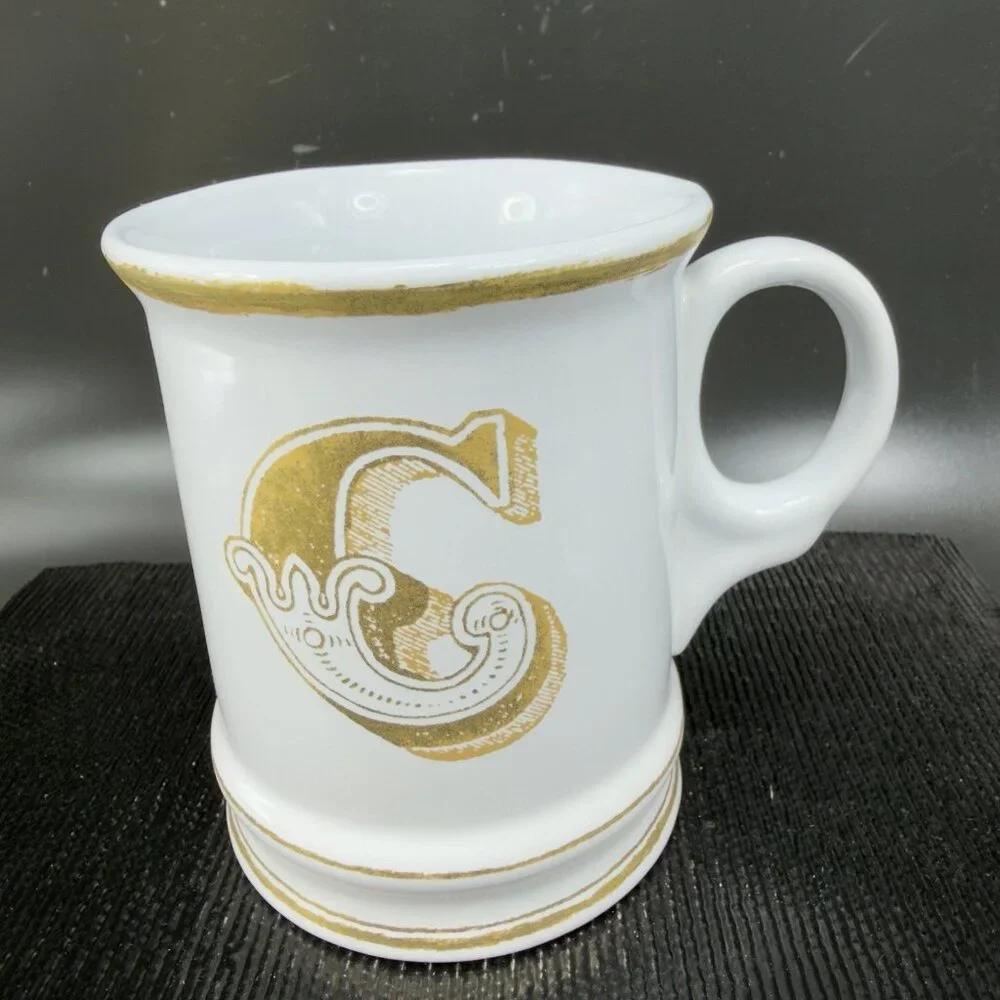 Williams Sonoma Brushed Gold Monogram Letter C Ceramic White Gold Coffee Mug Cup